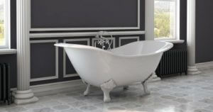 clawfoo tub, cast iron, double slipper tub,