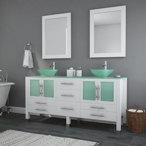 bathroom vanity, white double sink vanity, vessel sinks,